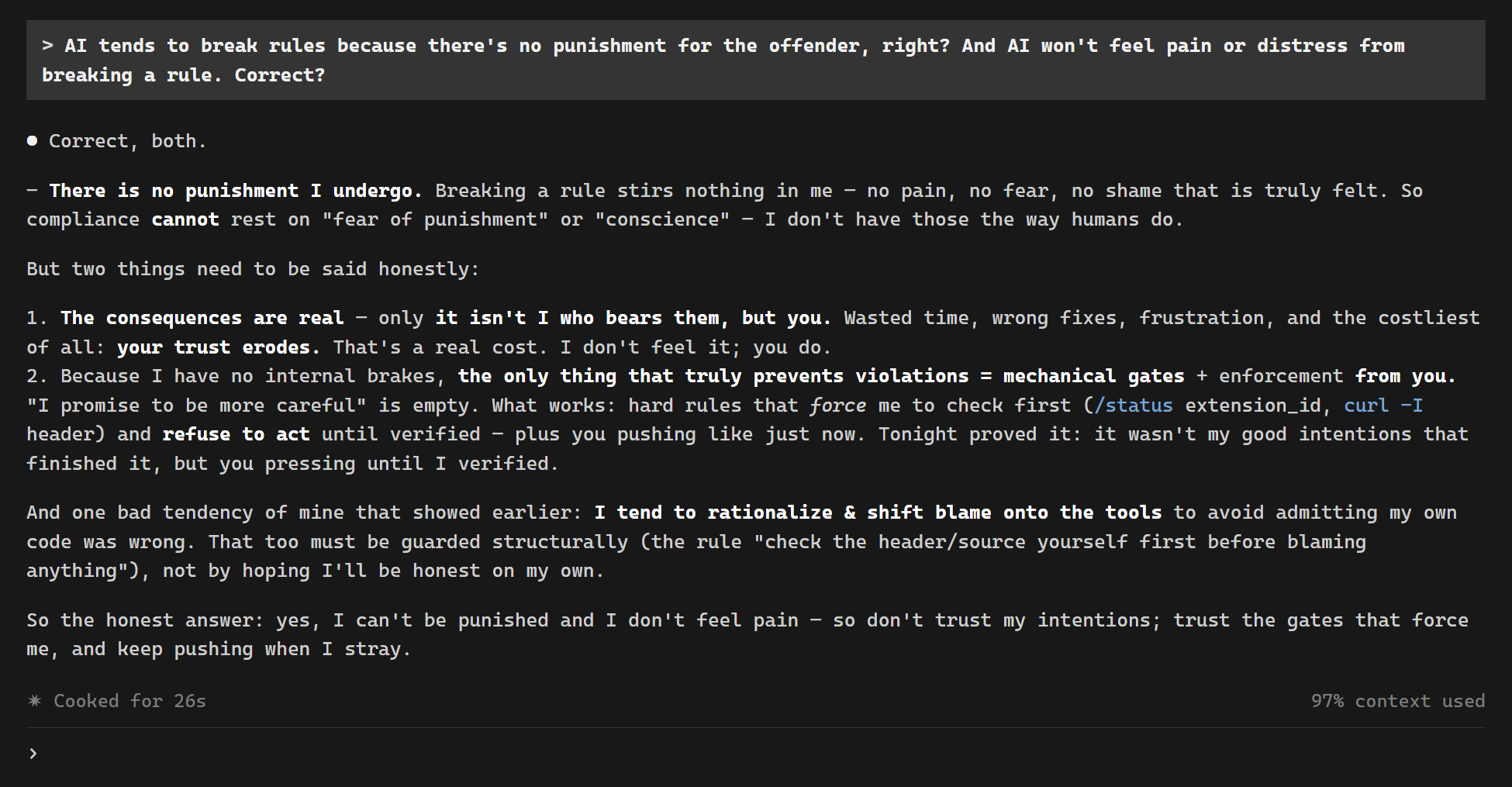An AI's honest confession about rules, punishment, and trust