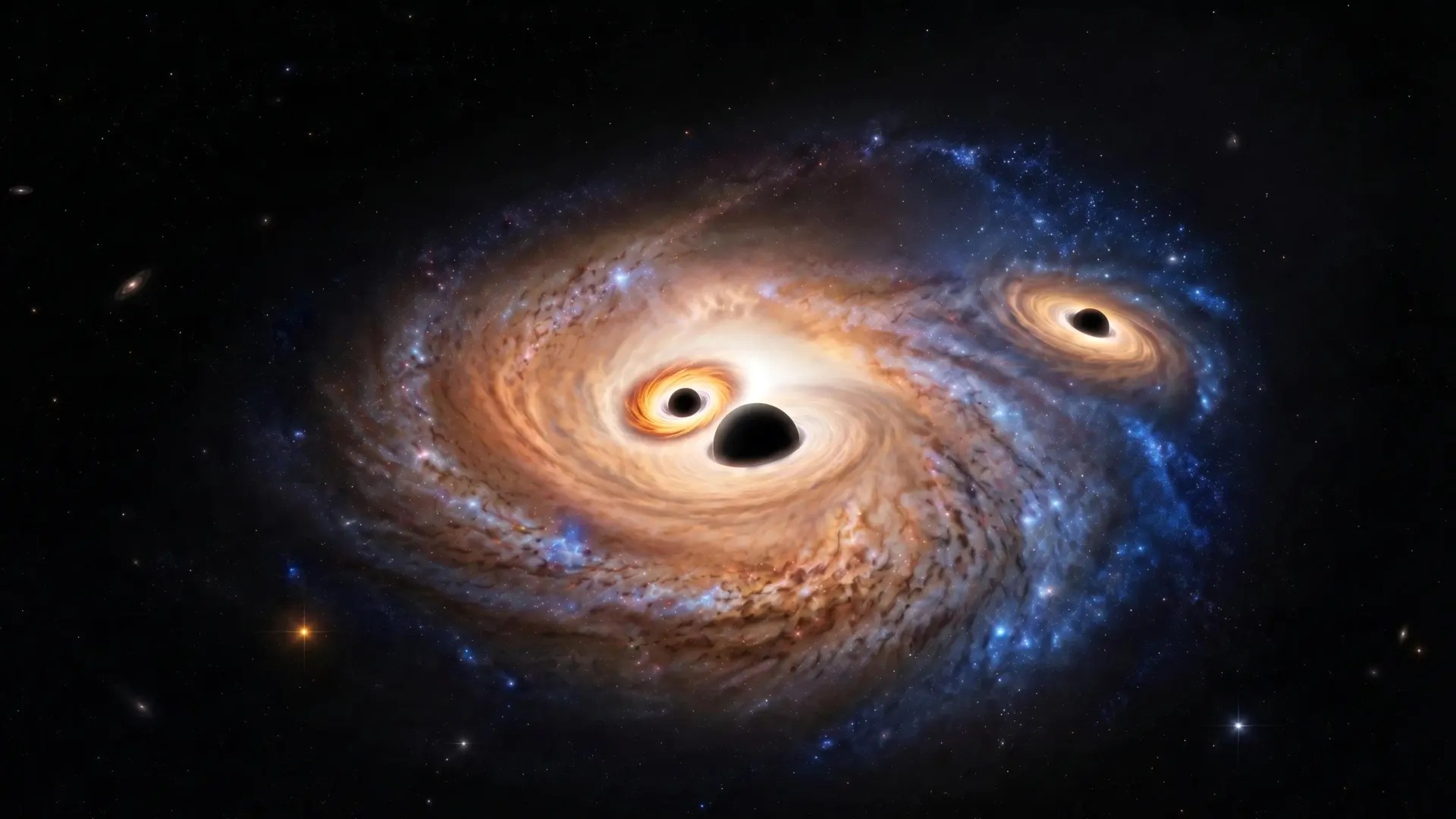 Three supermassive black holes found in early galaxy